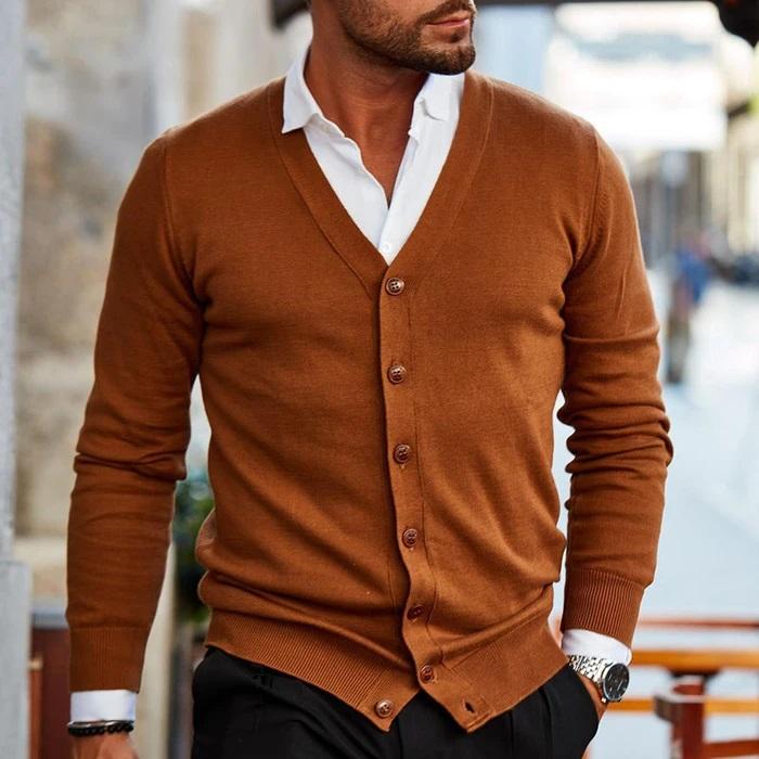 Levoire | V-Couverture Pull À Manches Longues En Tricot Avec Bouton Marron foncé