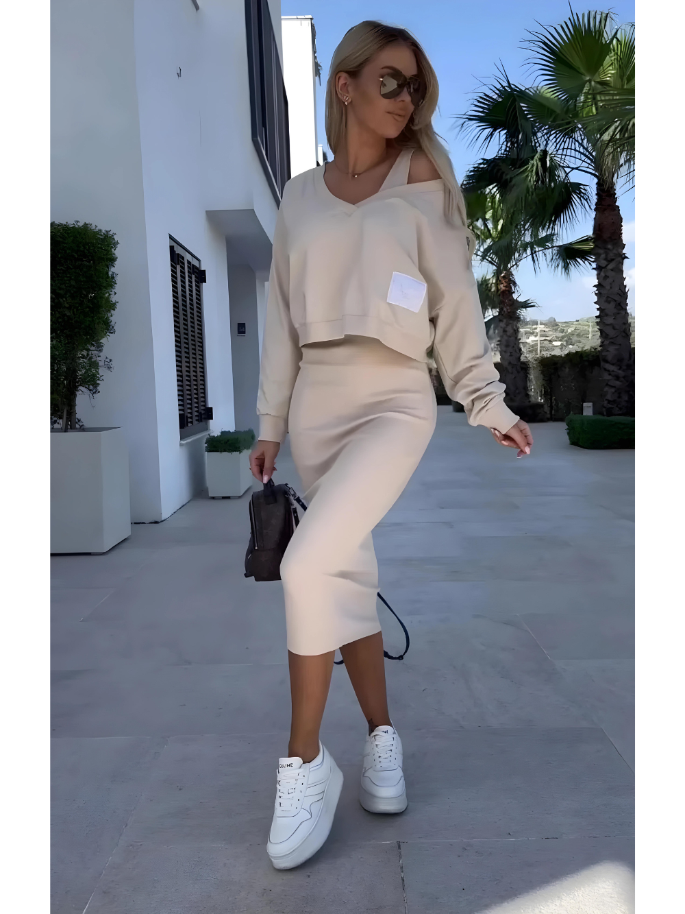 Levoire | Robe Confortable Et Ensemble De Pull Beige