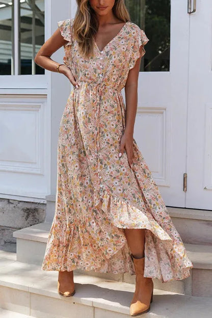 Levoire | Maxi-robe avec volants de boutons et cordon de serrage fleuri