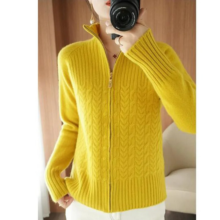 Levoire | Gilet Femme avec Fermeture Éclair et Textures en Câble Jaune