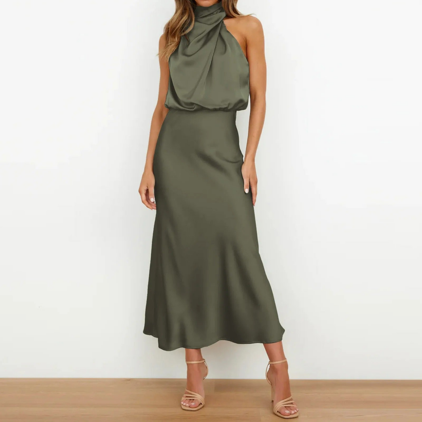 Levoire | Robe en Satin Longue avec Col pour Femmes Vert olive
