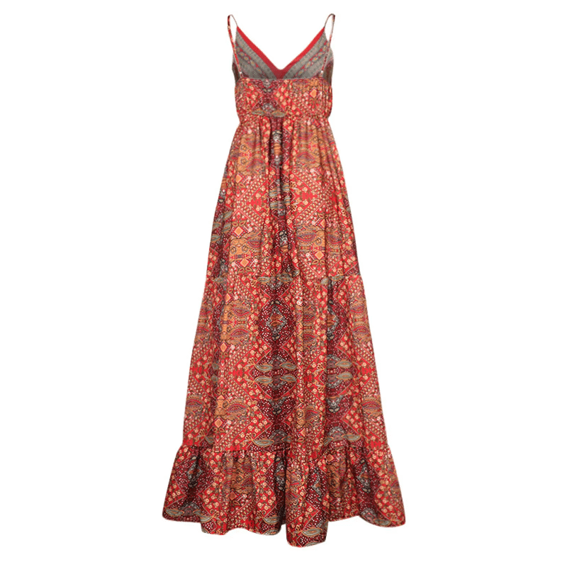 Levoire | Robe longue rouge bohème-chic avec fines bretelles et imprimé
