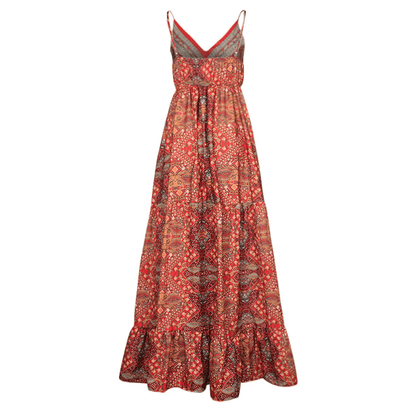 Levoire | Robe longue rouge bohème-chic avec fines bretelles et imprimé