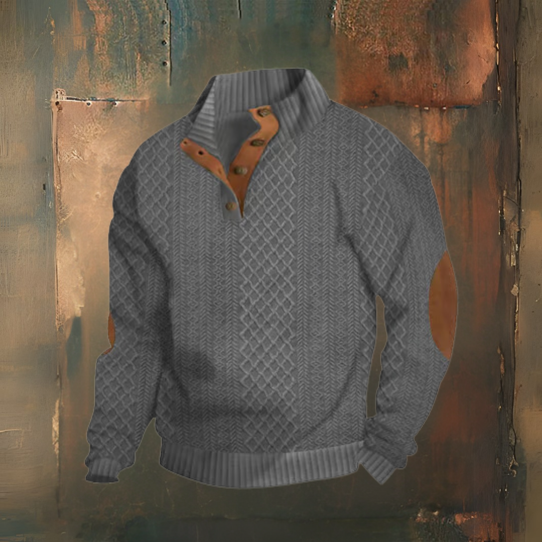 Levoire | Décontracté Jacquard Loose Demi Bouton Col Montant Pull Gris