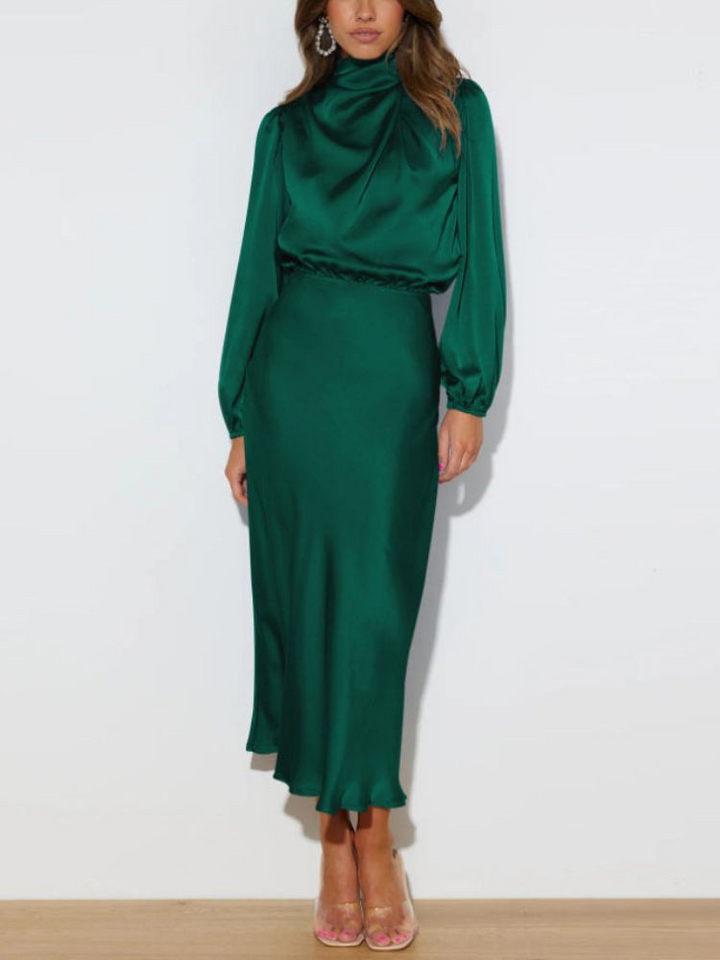 Levoire | Robe élégante pour femmes en satin avec des manches longues Vert foncé