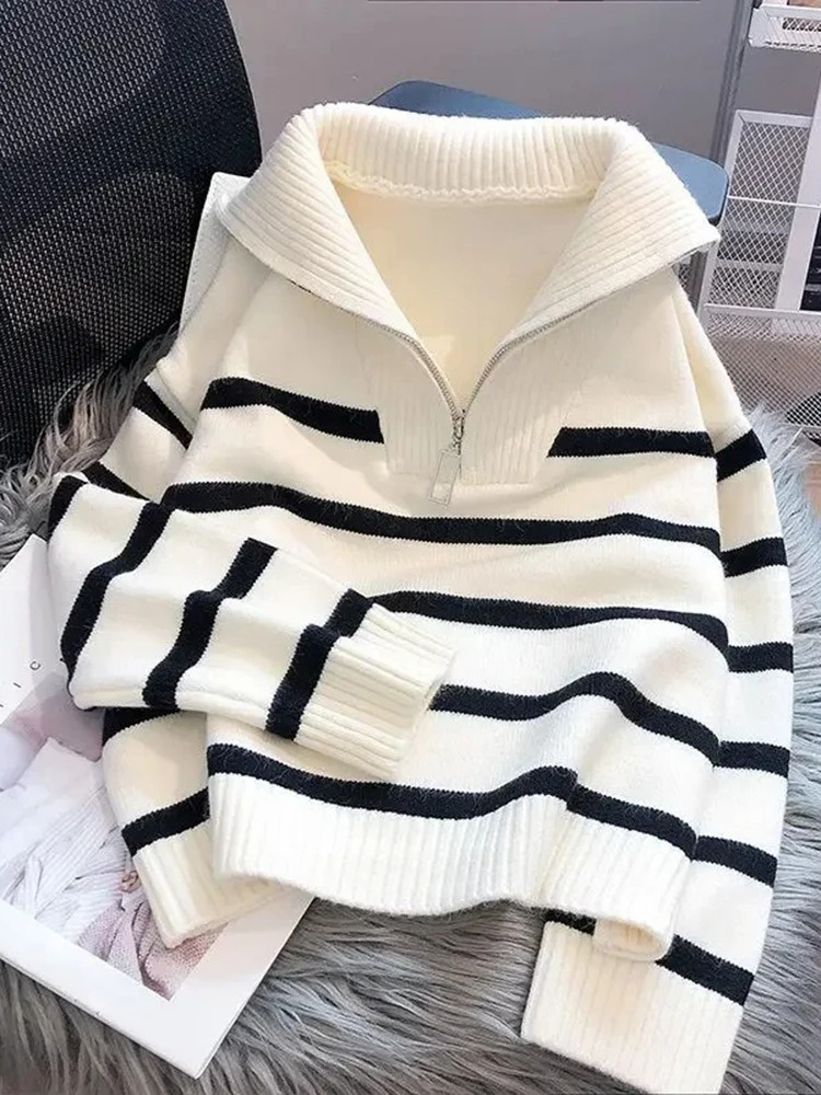 Levoire | Pull à zip pour femmes, Design rayé Blanc-Noir