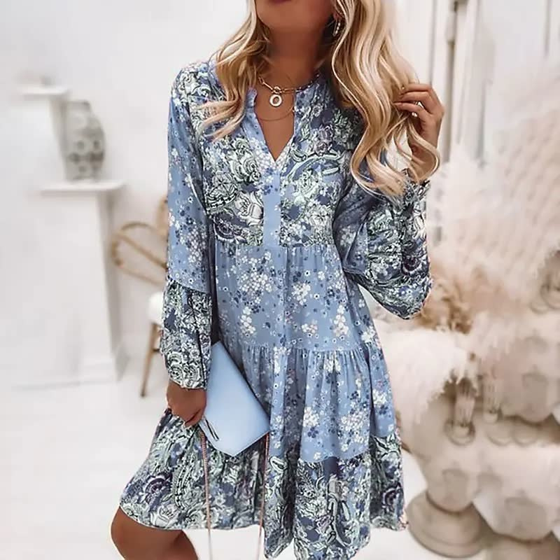 Levoire | Robe Mini Boho Unique à Manches Longues Bleu clair