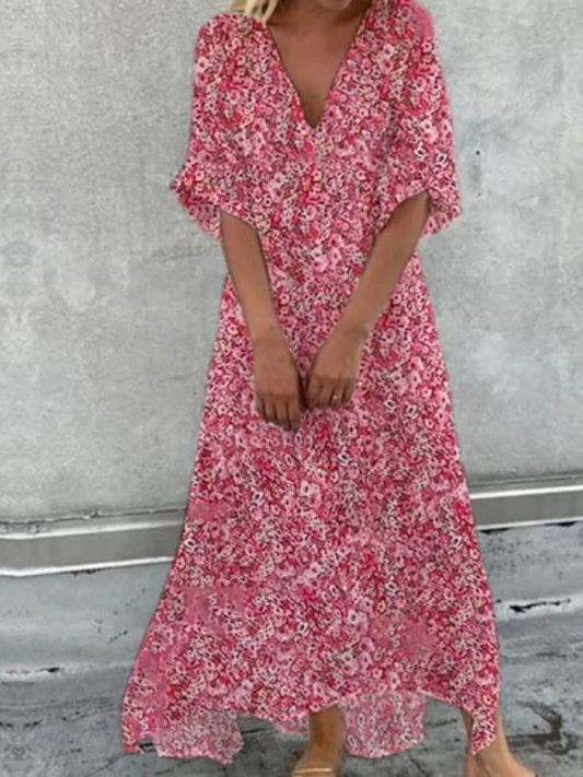 Levoire | Cotton V-Neck Half Sleeve Loose Dress with V-Neck Rosa