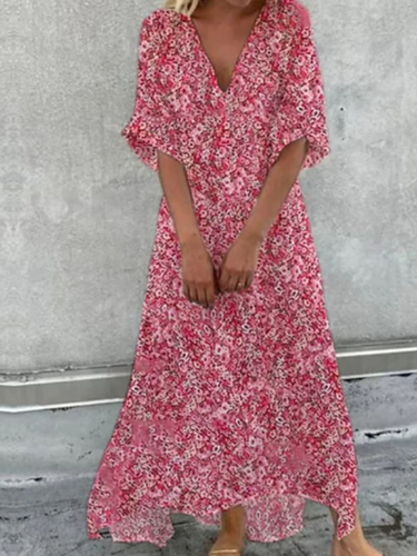Levoire | Cotton V-Neck Half Sleeve Loose Dress with V-Neck