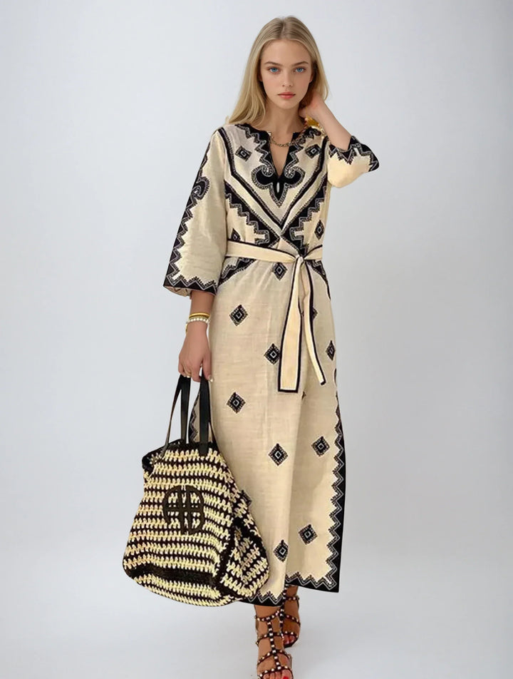 Levoire | Robe Longue Femme Classique Col En V Et Manches Demi - Midi Beige