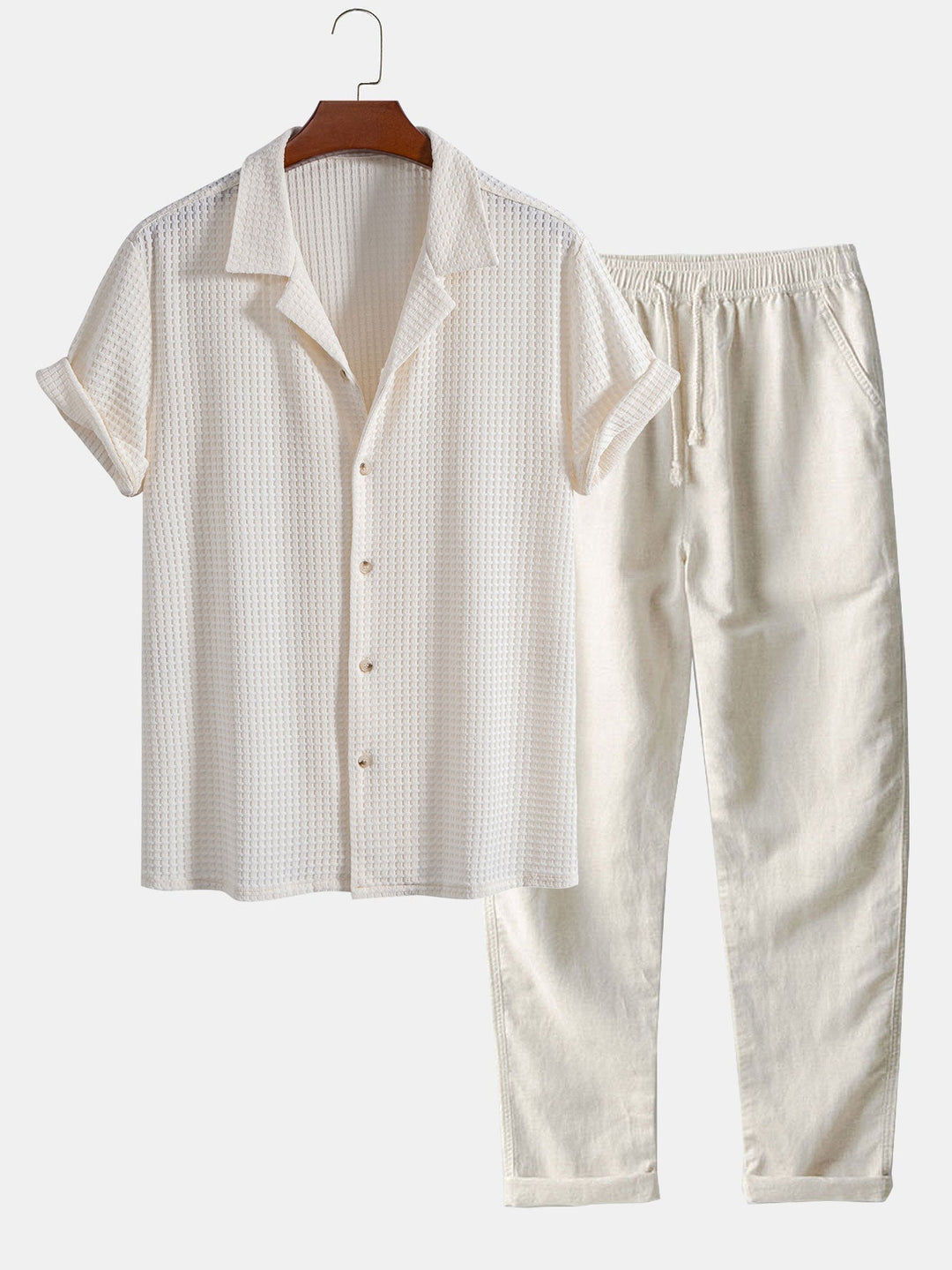 Levoire | Haut À Manches T-Shirt Waffle Cubain & Pantalons En Lin À Jambes Droites beige