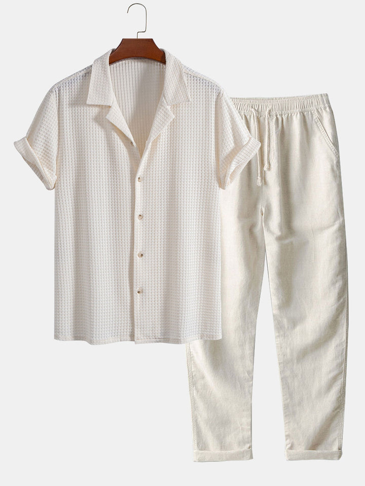 Levoire | Haut À Manches T-Shirt Waffle Cubain & Pantalons En Lin À Jambes Droites beige