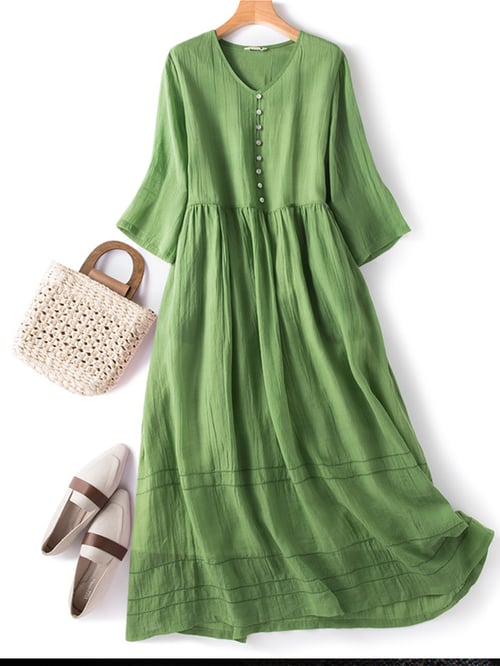 Levoire | Robe rétro littéraire pour femme, décolleté en V, unie, manches moyennes Vert