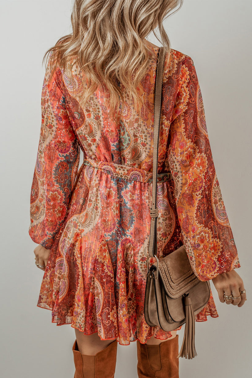 Levoire | Robe Mini Boho Avec Motif Paisley, Manches Longues Et Élégante Ceinture Régulière
