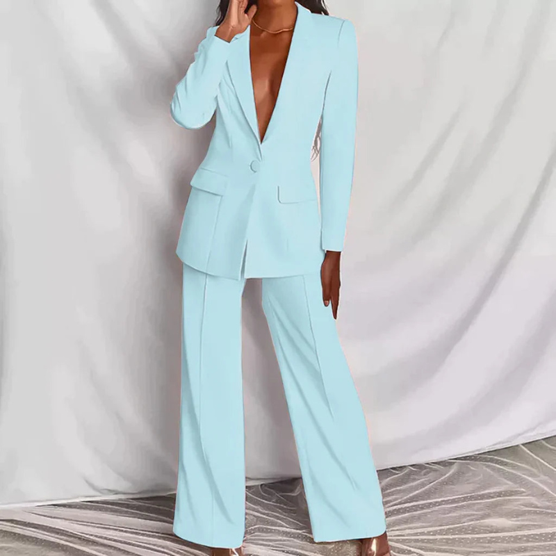 Levoire | Costumes Femmes Deux Pièces Tendance Veste Classique & Pantalon Ensemble Pour Femmes Bleu clair
