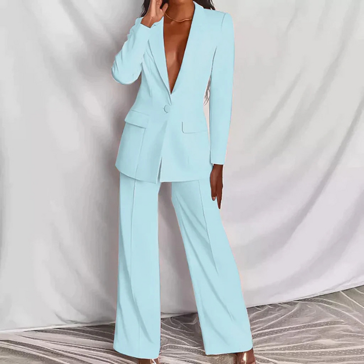 Levoire | Costumes Femmes Deux Pièces Tendance Veste Classique & Pantalon Ensemble Pour Femmes Bleu clair