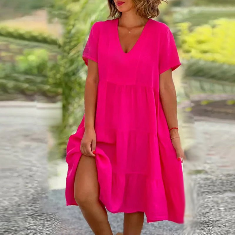 Levoire | Robe en lin unie à encolure en V pour femmes Robe d'été pour femmes Rosa