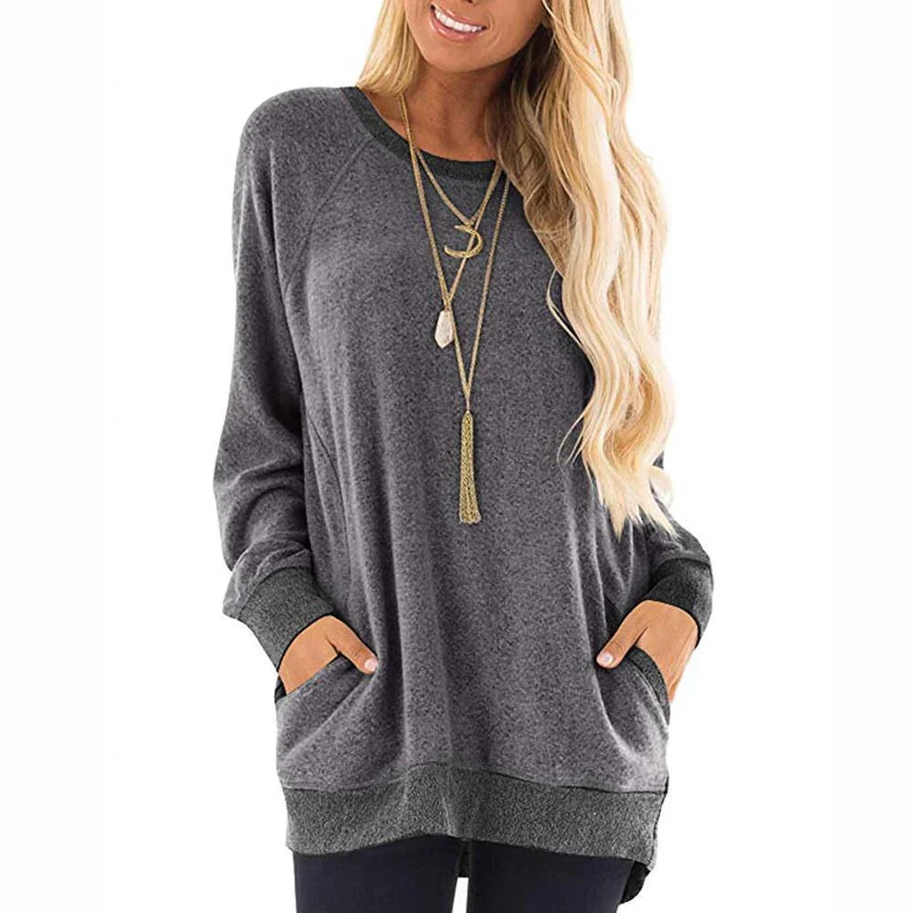 Levoire | T-Shirt Femme À Manches Longues, Col Rond Et 2 Poches Gris