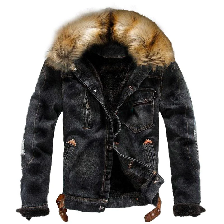 Levoire | Veste En Denim À Manches Longues En Polaire Avec Col En Fourrure Noir