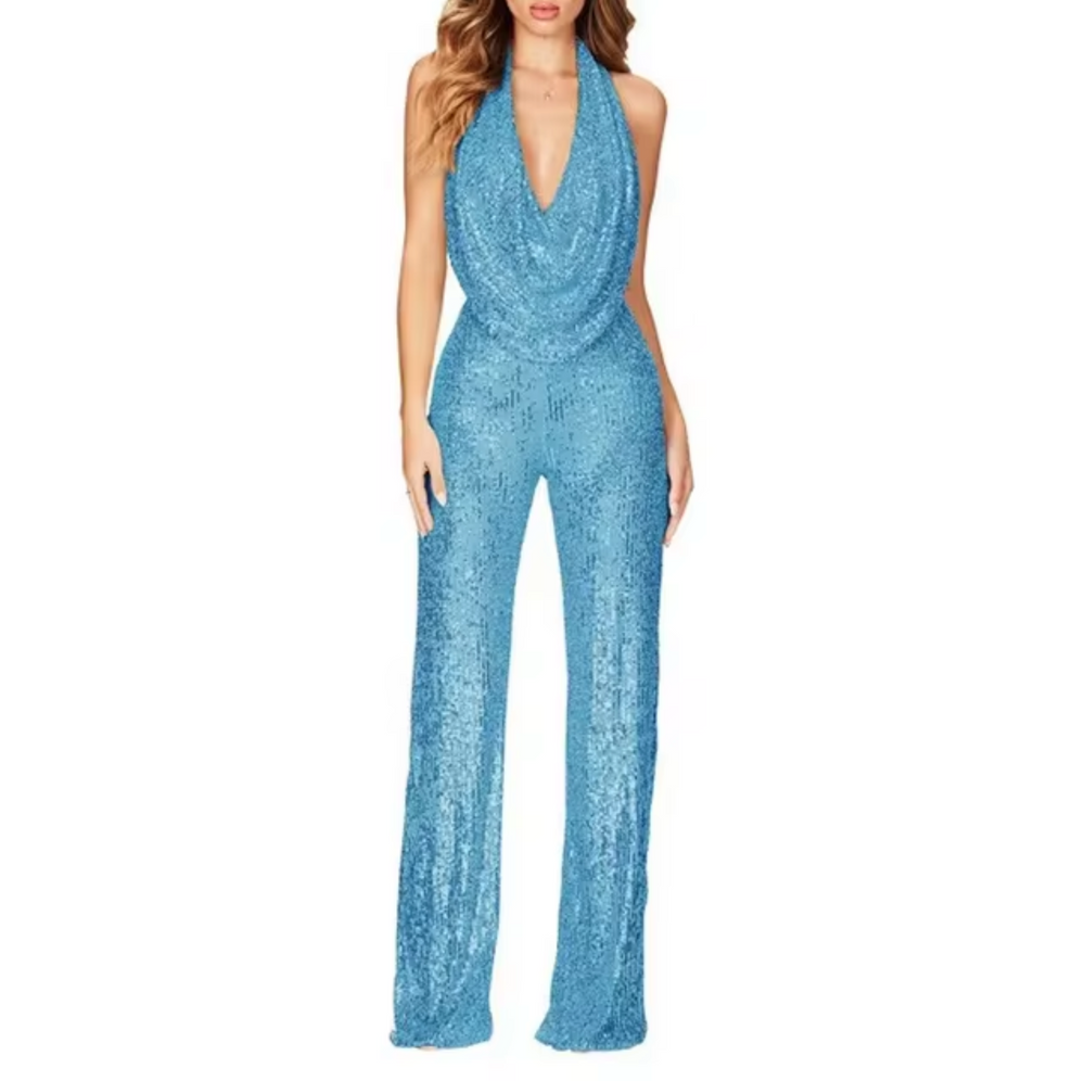 Levoire | Monokini Col Halter Collé Avec Sequins Bleu clair