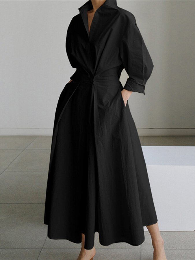 Levoire | Robe Maxi Femme Poche Unie Revers Boutons Manches Longues Noir