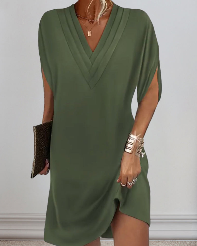 Levoire | Robe à Manches Courtes Et col En V Pour Femme - Midi Vert Armée