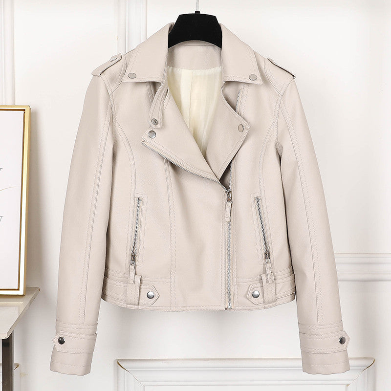 Levoire | Femme Slimfit Veste en Cuir Noire avec Revers et Fermeture Éclair pour Femmes Beige