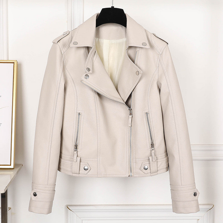 Levoire | Femme Slimfit Veste en Cuir Noire avec Revers et Fermeture Éclair pour Femmes Beige