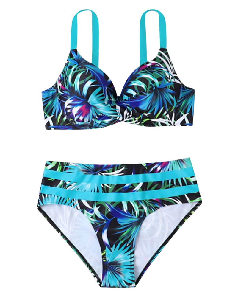 Levoire | Ensemble de bikini deux pièces pour femmes avec taille haute et imprimé de feuilles pour femmes Bleu clair