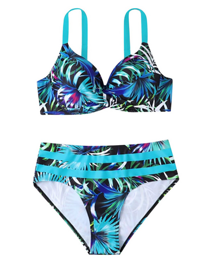 Levoire | Ensemble de bikini deux pièces pour femmes avec taille haute et imprimé de feuilles pour femmes Bleu clair