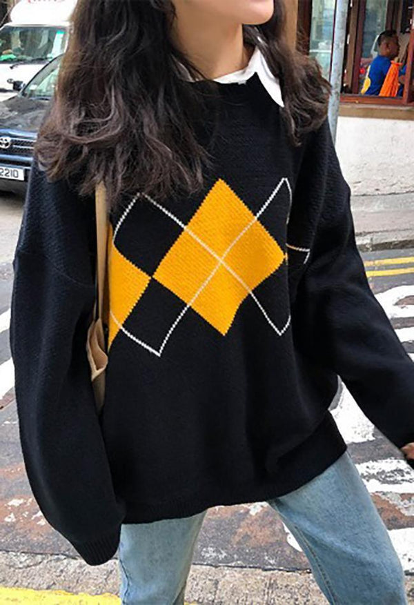 Levoire | Pull Argyle Au Style Vintage Pour Tous Les Jours Noir Une taille