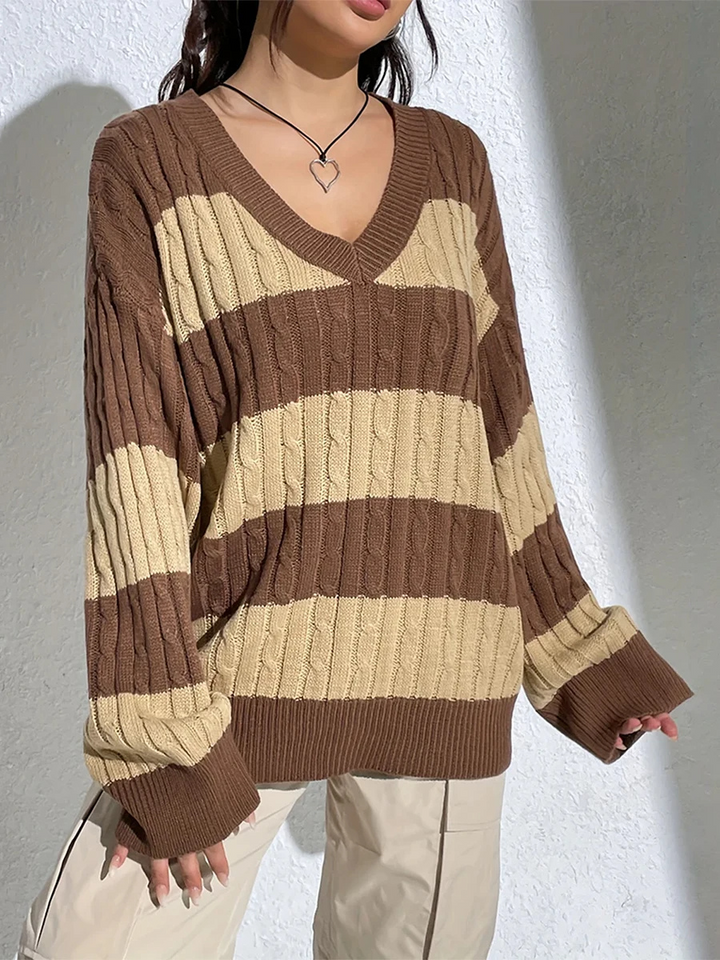 Levoire | Pull en laine Femme Col en V Pull rayé, Pull décontracté Braun