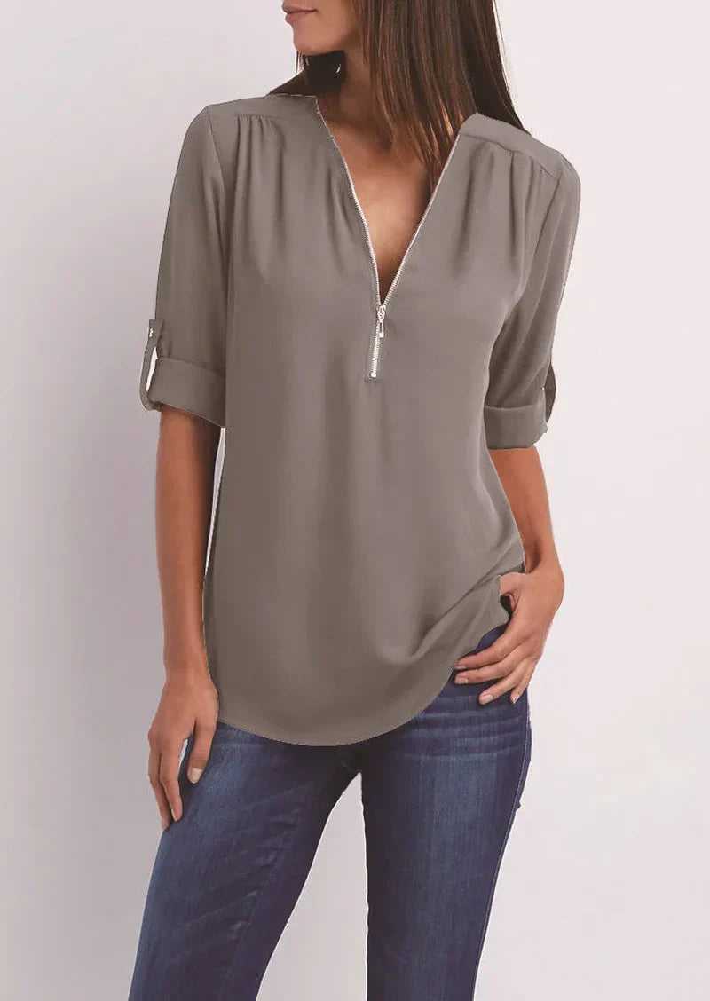 Levoire | Blouse Élégante À Zip Avec Décolleté En V Pour Femmes Gris