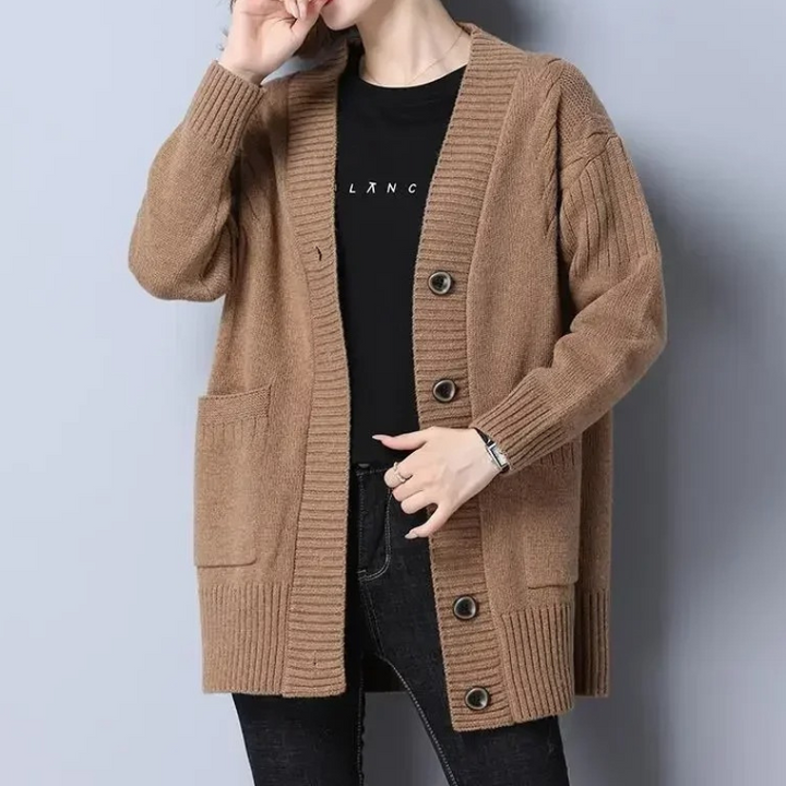 Levoire | Gilet Long Femme Tricoté À Ouverture Devant, Avec Col Et Poches Braun