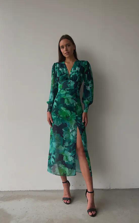 Levoire | Robe Longue Avec Fente, Détails Floraux Et Manches Volumineuses Longues