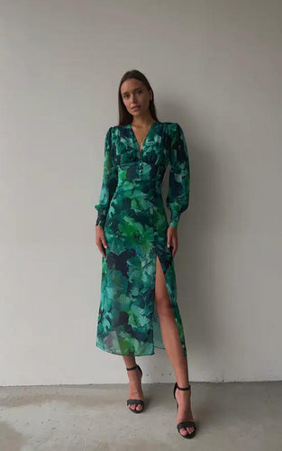 Levoire | Robe Longue Avec Fente, Détails Floraux Et Manches Volumineuses Longues