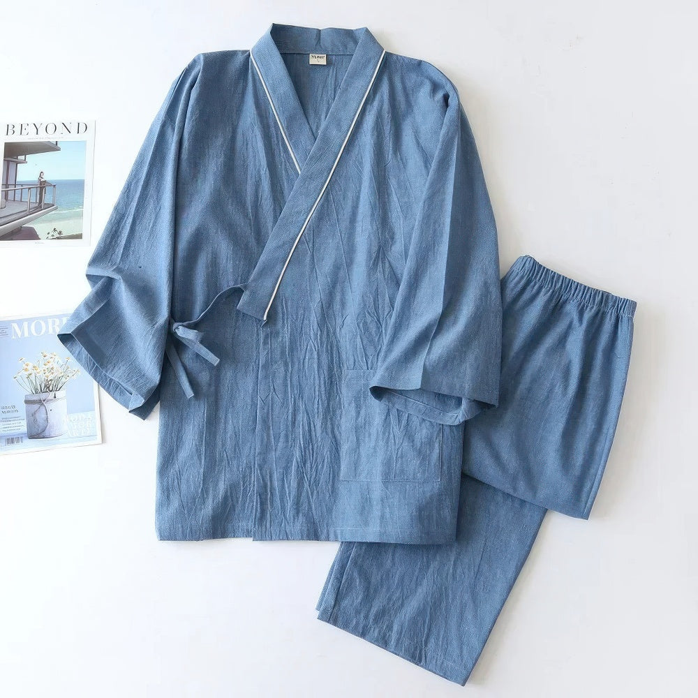 Levoire | Hommes Ensemble de Pyjama Deux Pièces avec Kimono Japonais pour Hommes Bleu