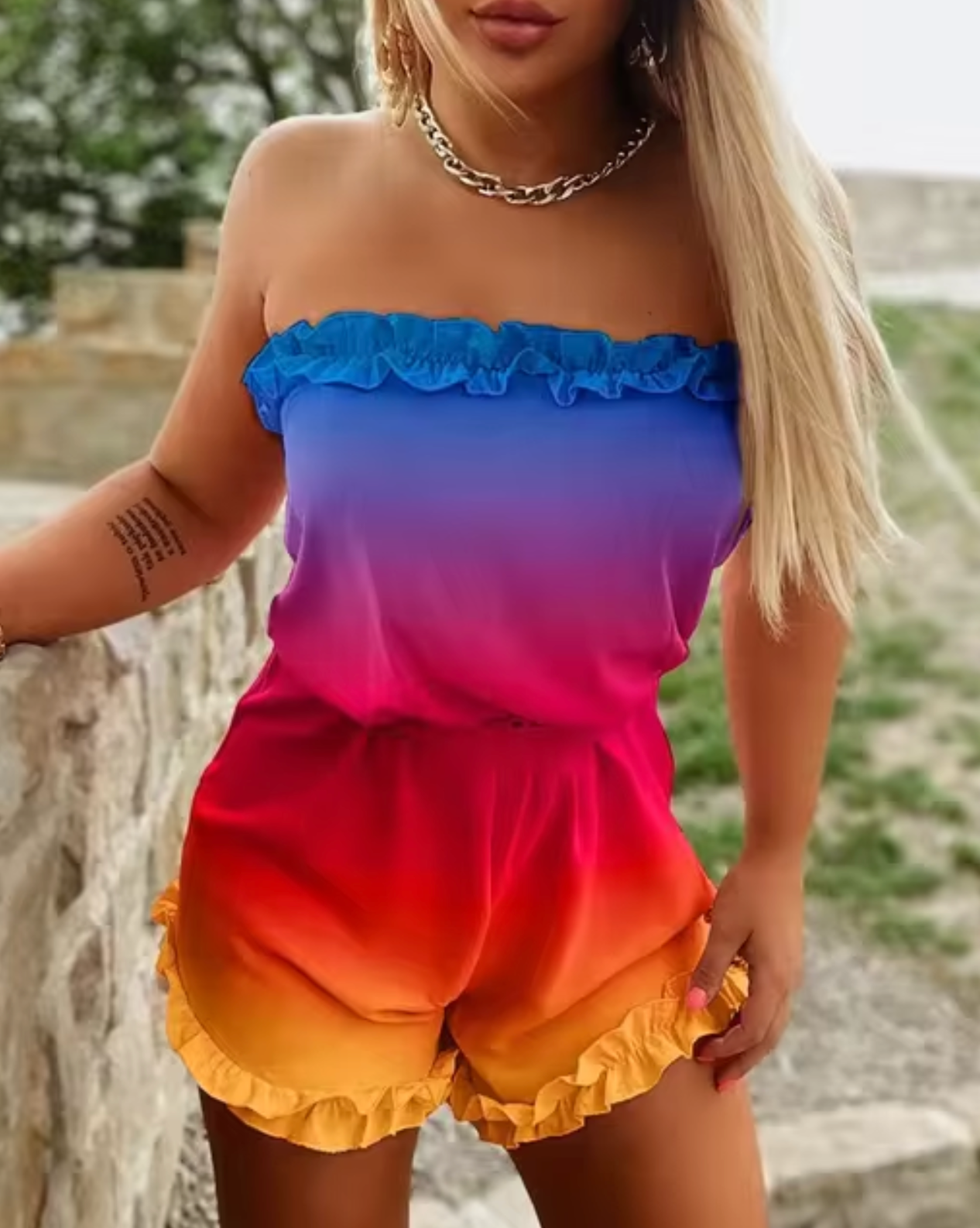 Levoire | Combinaison De Couleur Pastel Avec Volants Au Bas Bleu rouge