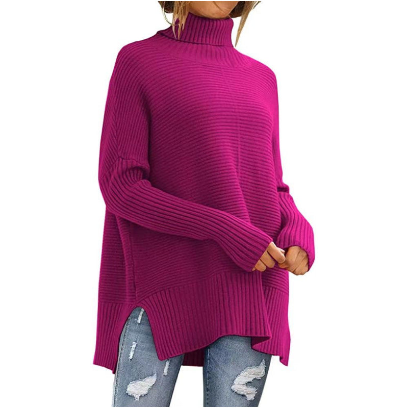 Levoire | Grande Taille Pull À Col Roulé Pour Femmes Tunique D'Automne Confortable Avec Des Manches Larges Rosa Rouge