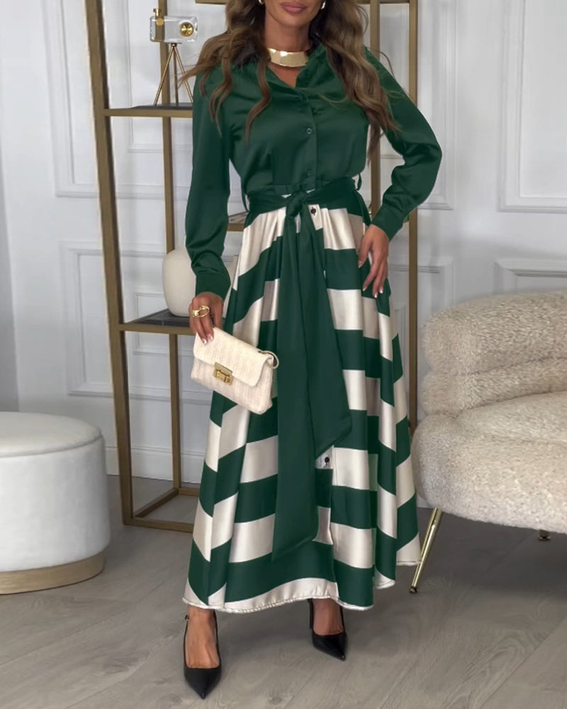 Levoire | Robe Élégante À Rayures Imprimées Avec Revers Et Ceinture Vert