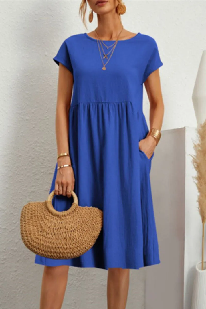 Levoire | Robe décontractée à manches courtes et col rond en patchwork uni Bleu