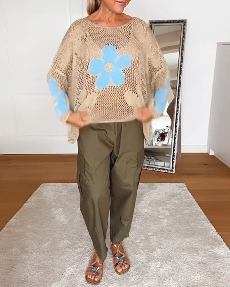Levoire | Pull À Col Rond Floral Décontracté À Manches Longues Bleu