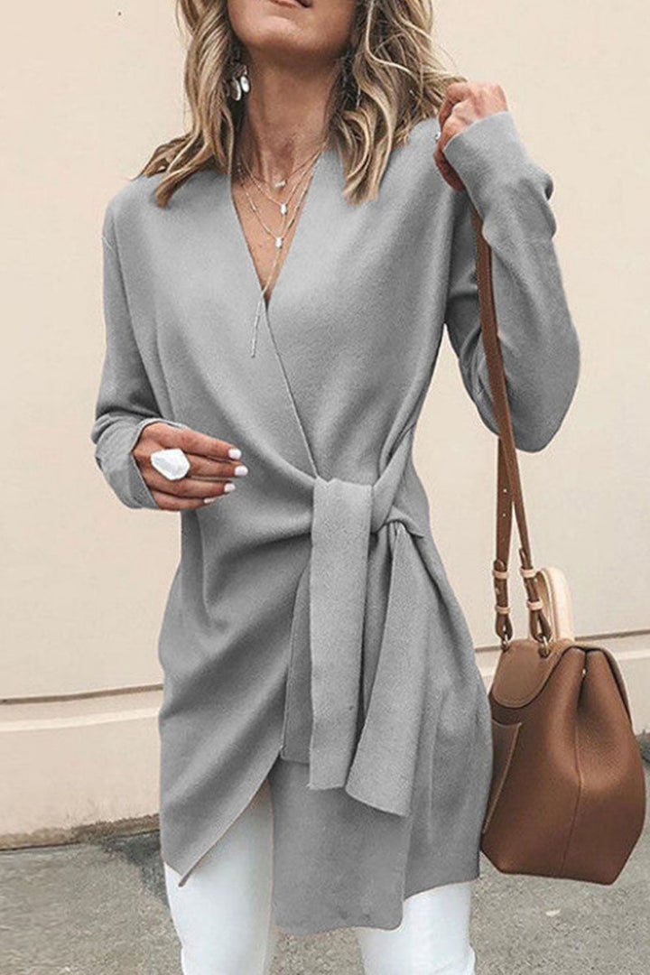 Levoire | Veste En Tricot À Enroulement Pour Femmes Avec Décolleté En V Et Ceinture À La Taille Gris