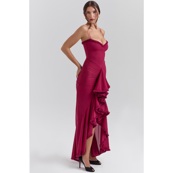 Levoire | Robe D'Invité De Mariage Avec Bretelles Spaghetti Et Volants - Maxi Bourgogne