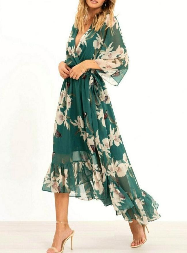 Levoire | Robe D'Été Longue Avec Design Fluide Et Décolleté Profond, Parfaite Pour Un Look Élégant Vert