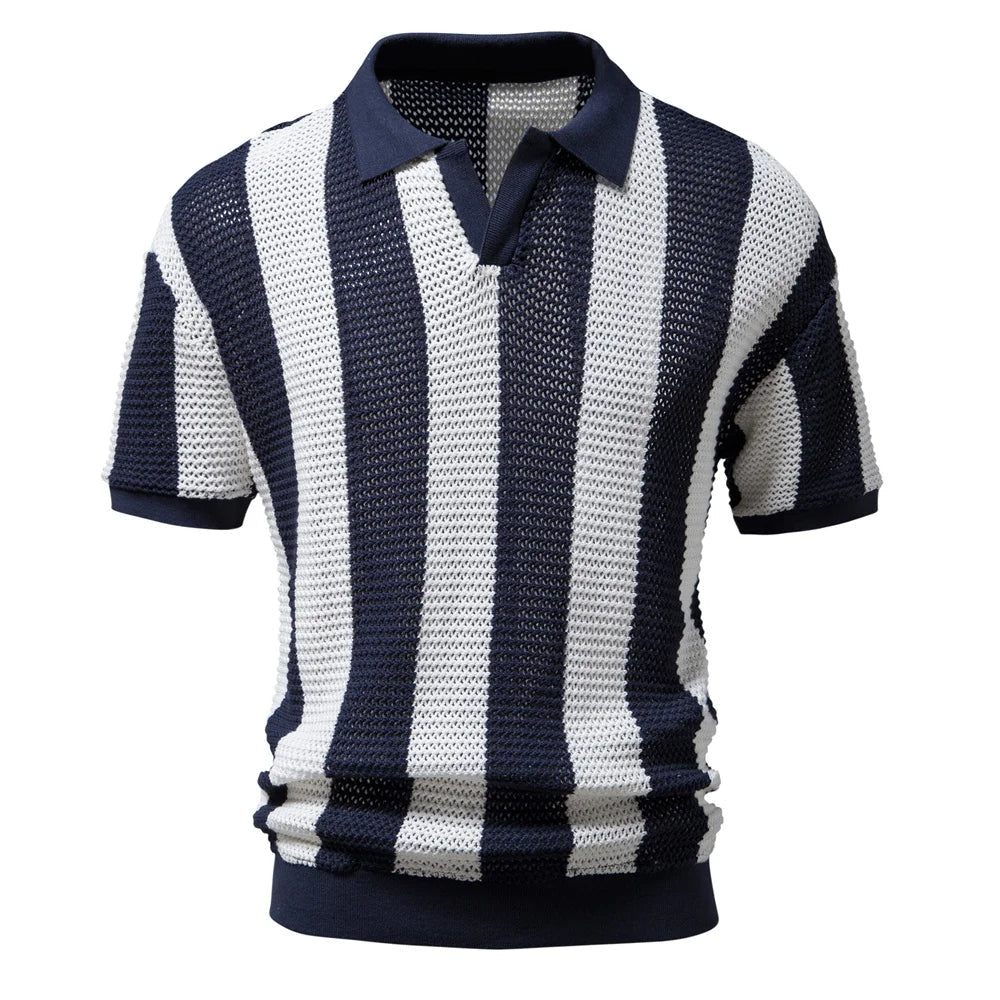 Levoire | Rayé & Breathable Polo Shirt Bleu foncé