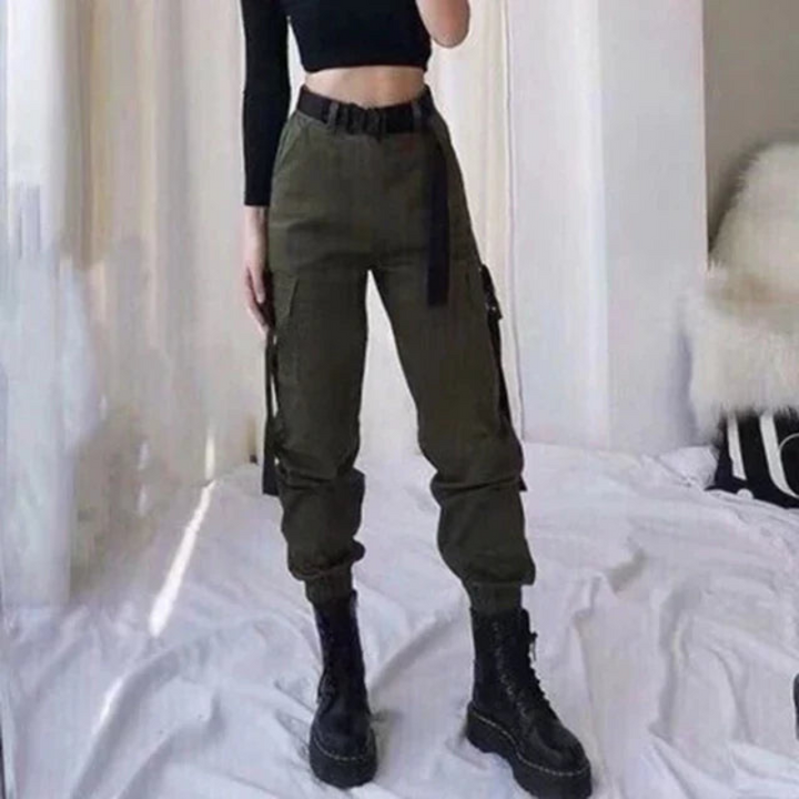 Levoire | Pantalon cargo pour femmes avec taille haute et ceinture élastique Vert olive