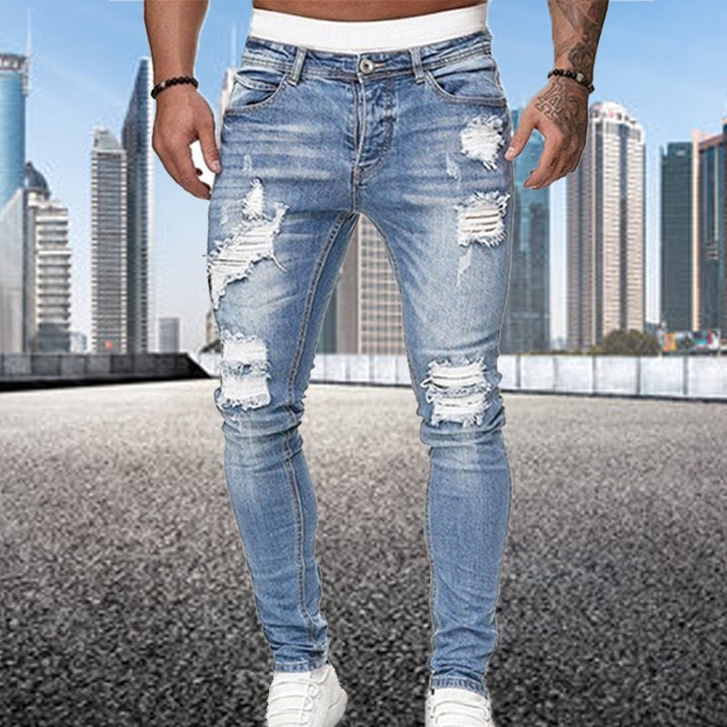 Levoire | Pantalon Hommes Tendance Slim Fit Jeans Déchirés Bleu clair