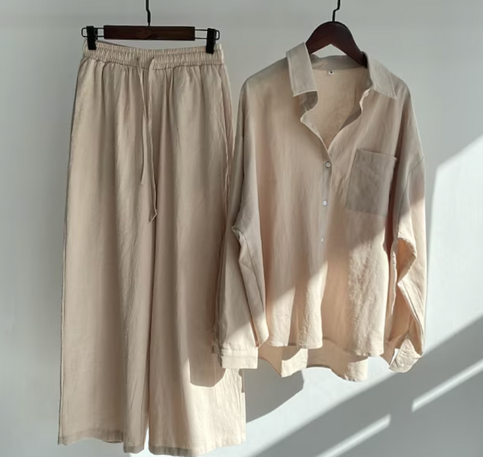Levoire | Ensemble D'Été Pour Femmes Avec Chemise Et Pantalon Beige