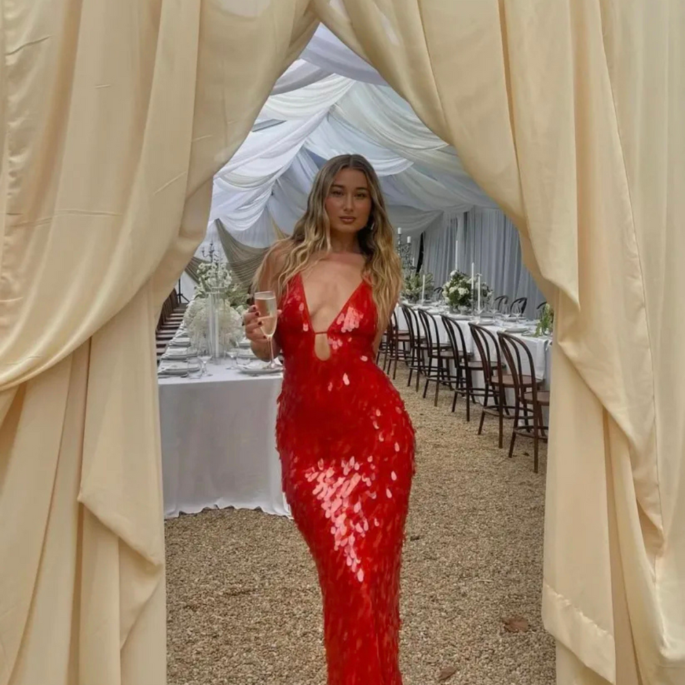 Levoire | Robe D'Invité De Mariage Mince À Paillettes - Maxi Rouge